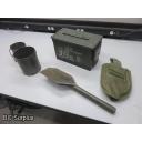 Q-83: Ammo Box; Folding Shovel; Tins – 1 Lot