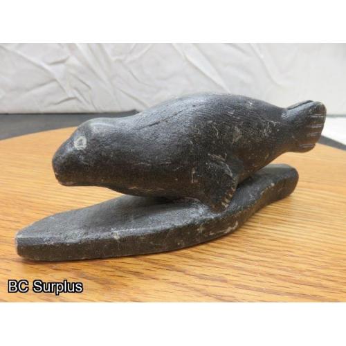R-85: Inuit Soapstone Carving – Seal on Land – Signed