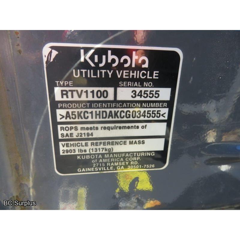 T-1001: 2013 Kubota RTV1100 4x4 Diesel Utility Vehicle