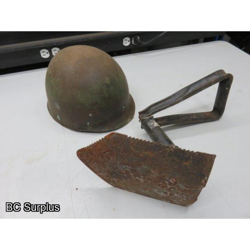 T-67: Antique Army Helmet & Folding Shovel – 2 Items