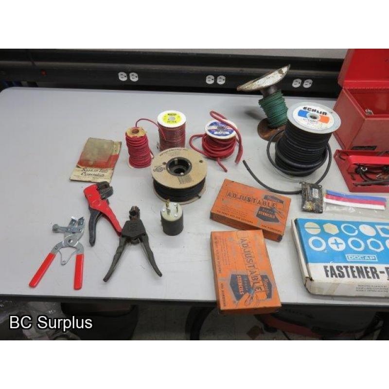 T-676: Electrical Supplies; Wire; Stencils; Tool Box – 1 Lot